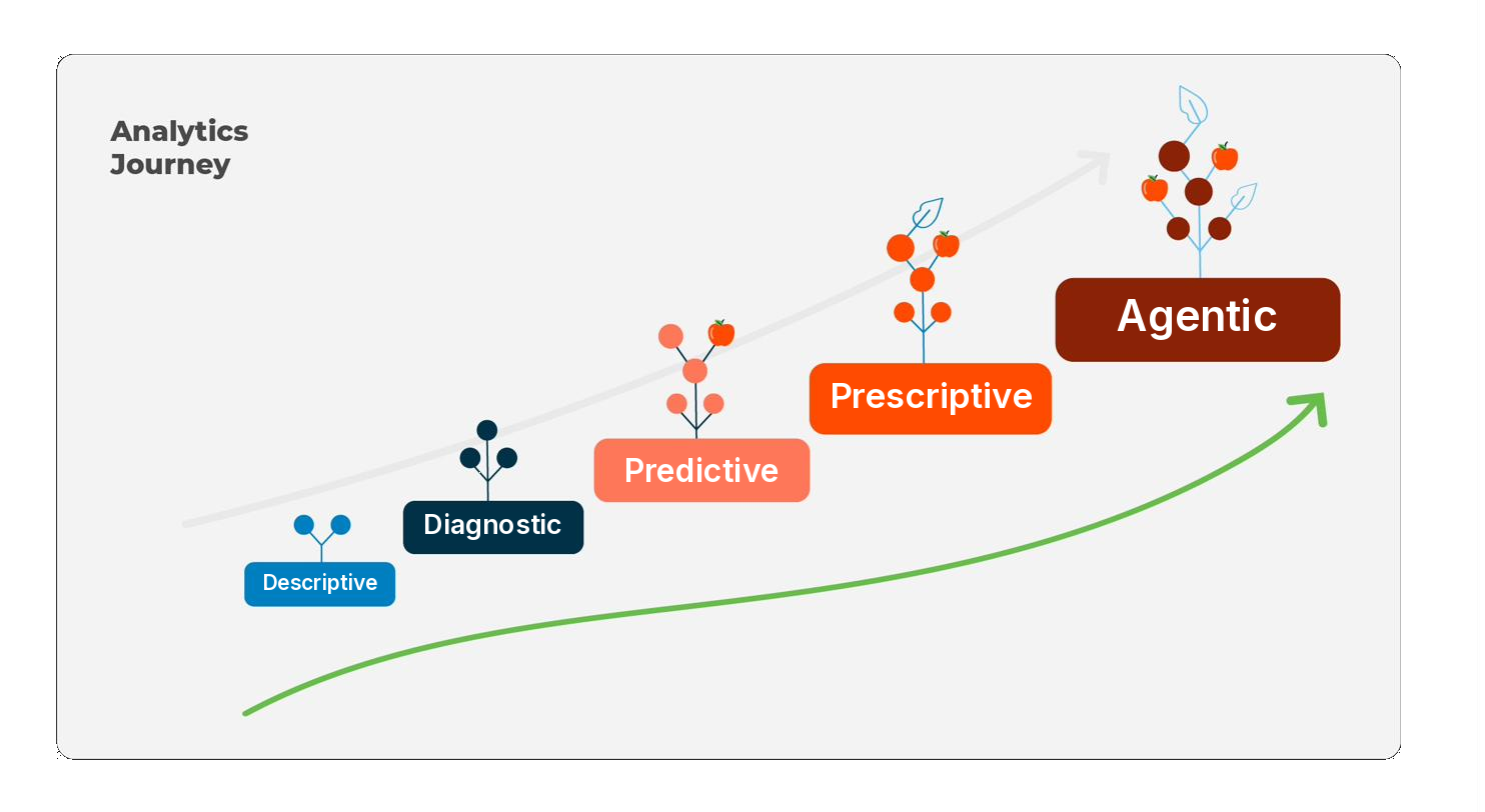 Analytics Journey — five levels of analytics maturity, from Descriptive to Agentic