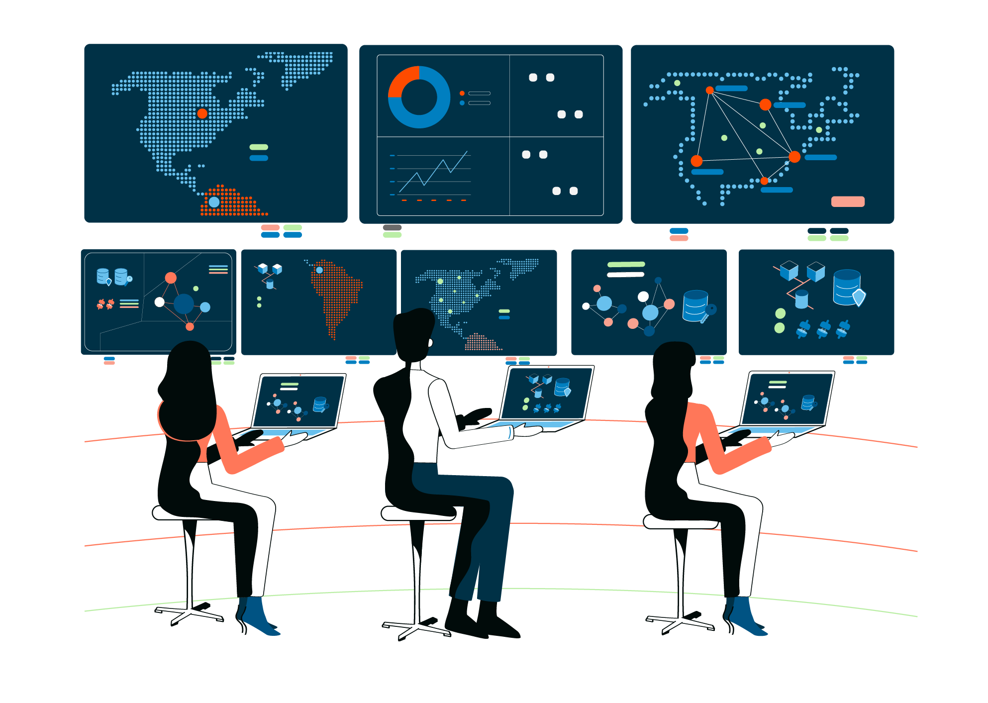 Analysts working in a data analysis room with multiple screens